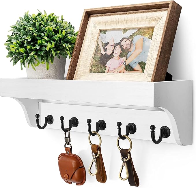 Rebee Vision Key Holder Wall Mount with Shelf for Room Decor, White | 5 Sturdy Hooks, Floating Shelf, Decorative Hanging Organizer, Key Holder for Wall, Apartment Storage Accent