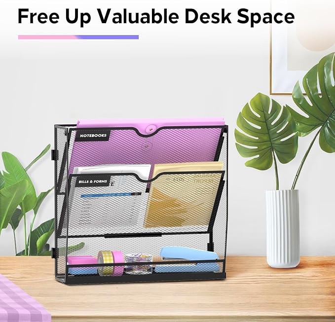 3-Tier Wall File Organizer with Base, Wall Mounted File Holder | Vertical Hanging File Organizer with Open Compartments and Label Holders for Mail, Folders and Paperwork at Home or Work