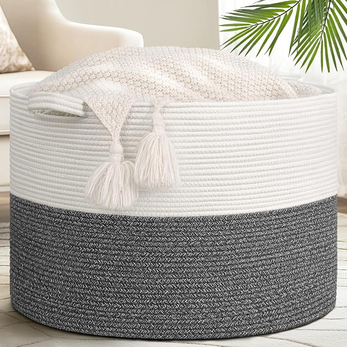 Goodpick Extra Large Woven Blanket Basket Living Room & Playroom, 115L | 23.5 x 23.5 x 15.8 In Woven Basket for Storage, Kids Toy Storage for Playroom, Laundry Basket for Towels, Gray