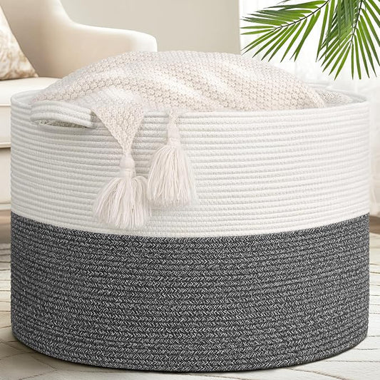 Goodpick Extra Large Woven Blanket Basket Living Room & Playroom, 115L | 23.5 x 23.5 x 15.8 In Woven Basket for Storage, Kids Toy Storage for Playroom, Laundry Basket for Towels, Gray