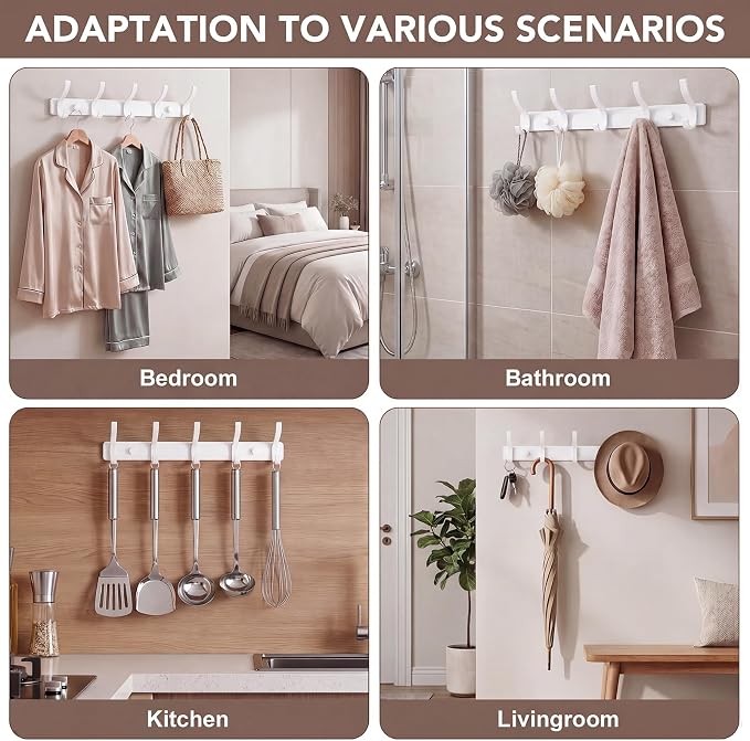 Wall Mount Coat Rack 2 Pack, White Coat Hooks Hanger with 5 Double Hooks | Zinc Alloy, Smooth Hook Edges, Screw Installation, Double Hooks，Greater Storage Space for Hanging Robes, Clothes, Bags, Hat