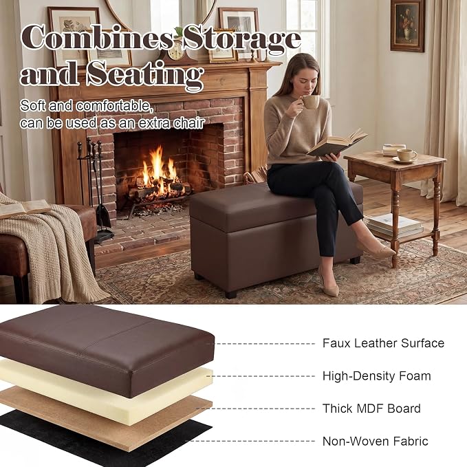 32" Leather Storage Ottoman Bench, Rectangle Foot Rest Stool for Living Room, Bedroom, Entryway, Brown