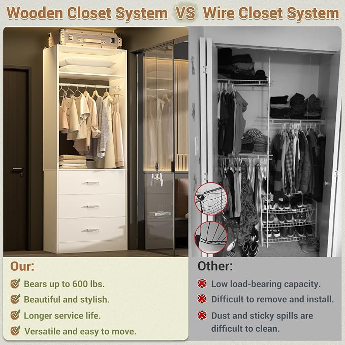 Besiost Closet System Set of 4, 8FT Closet Systems with 12 Wood Drawers, 96" Closet Organizer System with 4 Hanging Rods & 4 Shelves, Heavy Duty 96 Inch Walk-in Closet, White (96"L x 15" W x 80" H)