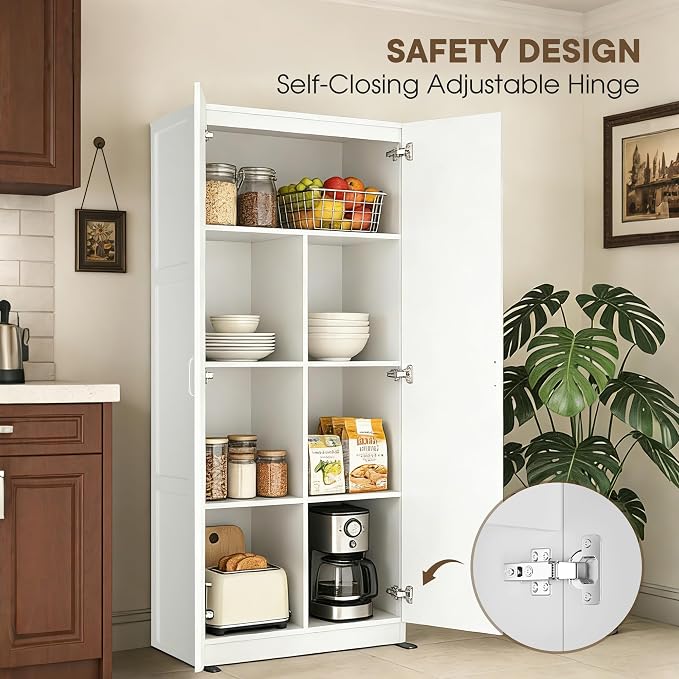 DUMOS Tall Storage Cabinet with Doors and Shelves, Kitchen Pantry Cabinet | 71'' Wood Storage Freestanding Wooden Cabinets for Bedroom, Pantry, Home Office, Dining Room & Living Room, White