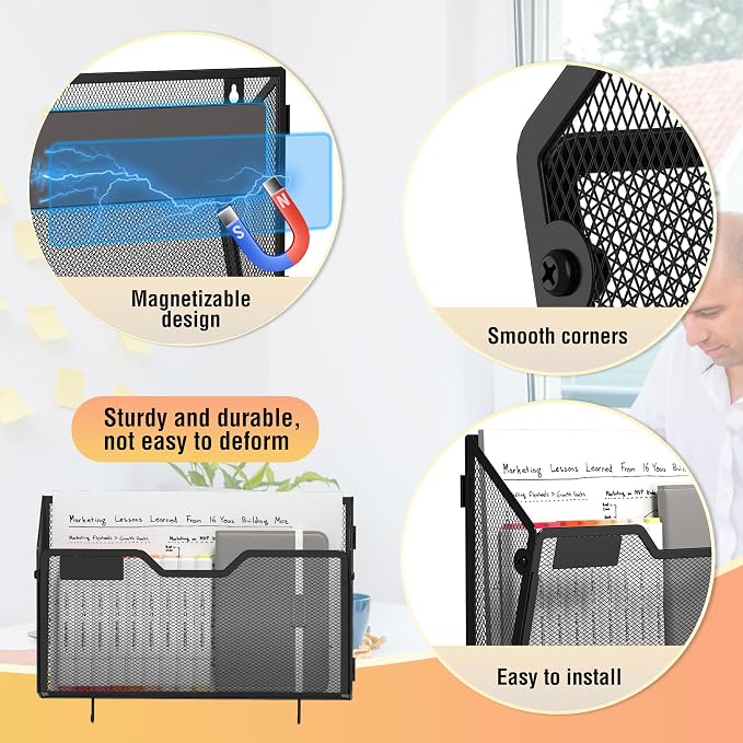 Docnest 3 Pack Dual-Mount Magnetic Mesh File Holders, Wall Organizer | Mount magnets or screws. 2-in-1 hanging mesh mail letter organizer with hooks for office and home clutter