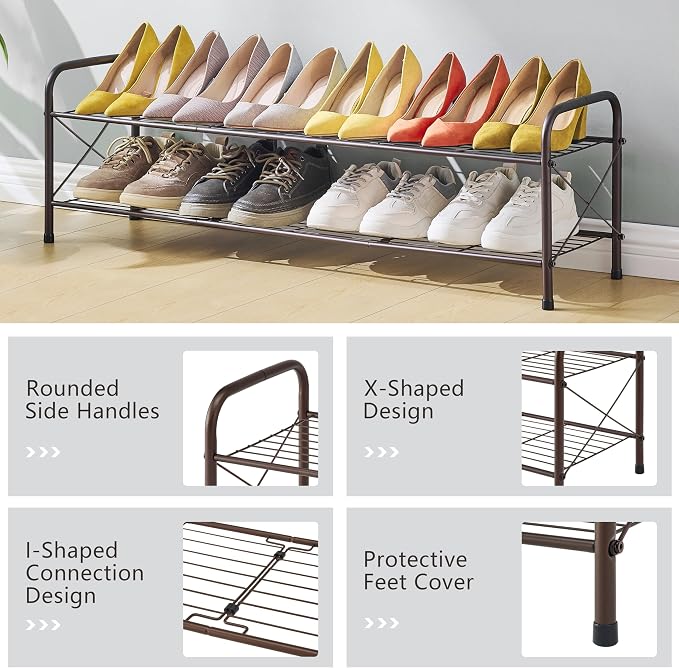 Hoctieon 2 Tier Shoe Rack for Closet, Shoe Rack FreeStanding, Entryway Shoe Shelf, Shoe Storage Organizer, Durable Mesh Style Shoe Rack, Space Save for Garage, Bedroom, Living Room, Wardrobe, Brown