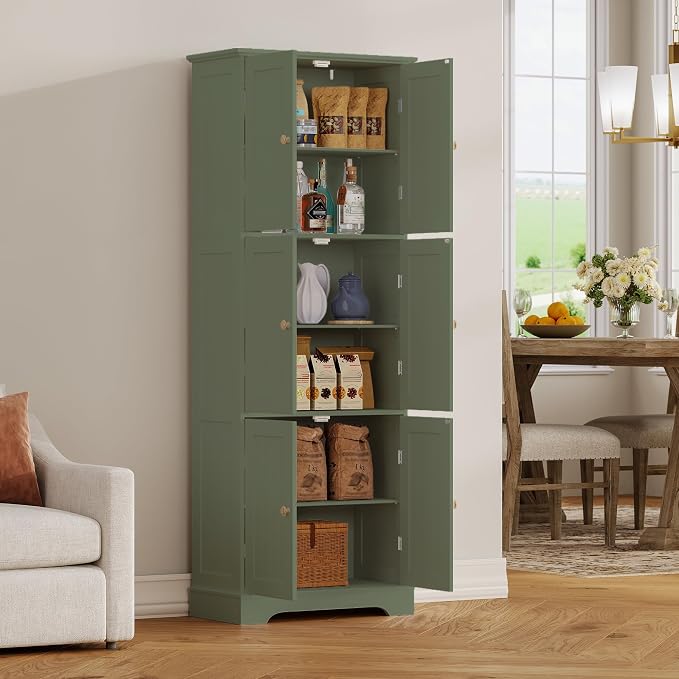 ChooChoo 63.2" Tall Bathroom Storage Cabinet with 6 Doors | Freestanding Floor Cabinet, Adjustable Shelves, Pantry Cabinet for Bathroom, Kitchen, Laundry Room, Green