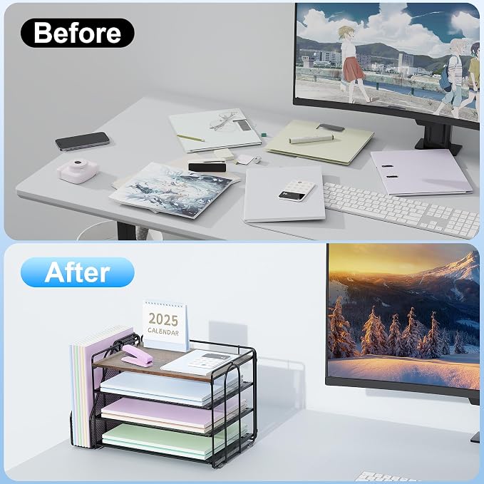 Spacrea 4 Tier Paper Organizer for Desk with File Organizer | Desk Organizers and Accessories Desk Accessories & Workspace Organizers for Office Supplies (Wood)