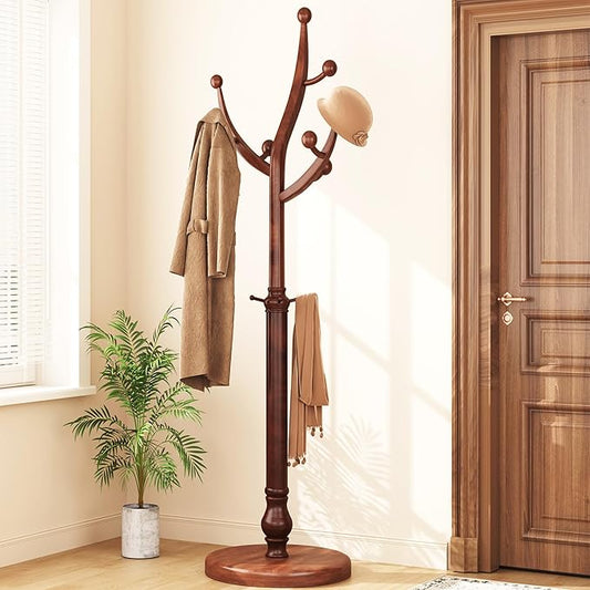 HOMEFORT Coat Rack Freestanding, Wooden Coat Tree Rack with 11 Hooks, Heavy Duty Wood Clothes Hanger with Sturdy Round Base, Vintage Coat Hat Stand for Entryway, Hallway, Bedroom,Walnut
