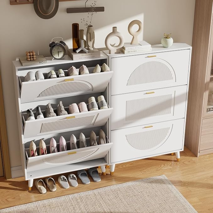 Narrow Shoe Cabinet Storage for Entryway: Cabinet Shoe Rack Organizer, White Shoes Cabinets with 6 Flip Drawers, Modern Shoes Storage Entryway for Front Door Entrance (2 Piece, 32")