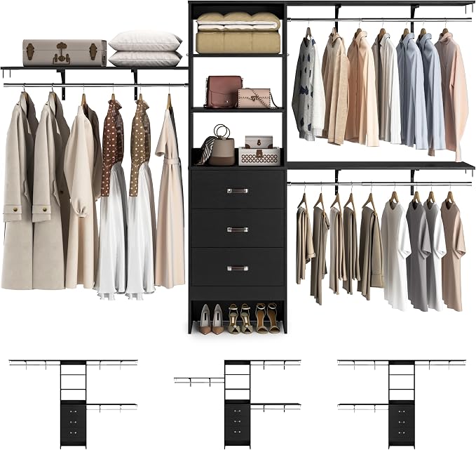 120 Inches Closet System, 10FT Walk In Closet Organizer with 3 Shelving Towers, Heavy Duty Clothes Rack with 3 Drawers, Built-In Garment Rack, 120" L x 16" W x 75" H, Max Load 1300 LBS, Black