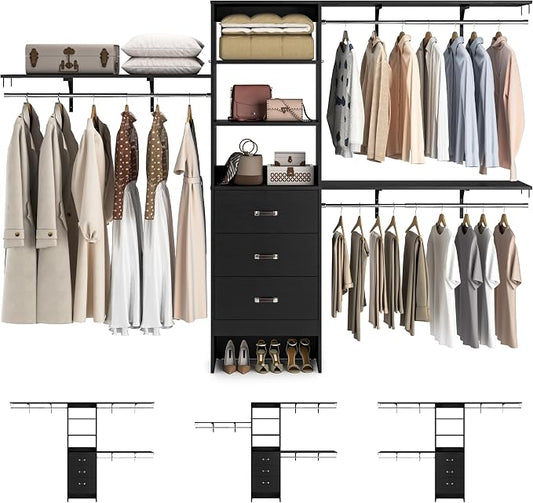 120 Inches Closet System, 10FT Walk In Closet Organizer with 3 Shelving Towers, Heavy Duty Clothes Rack with 3 Drawers, Built-In Garment Rack, 120" L x 16" W x 75" H, Max Load 1300 LBS, Black