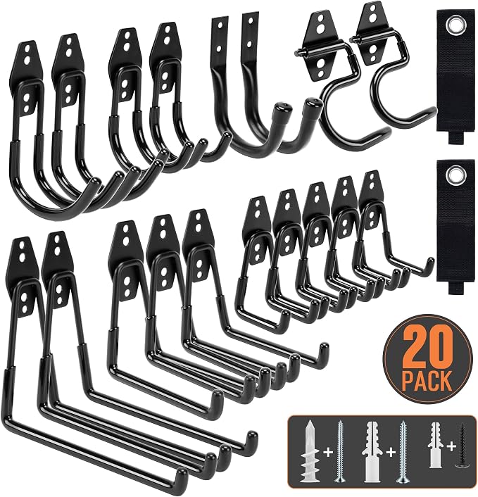 TONDA Garage Hooks, 20 Pack Garage Organization, Wall Storage Hooks Heavy Duty for Hanging Bike, Ladder, Garden Tools, Hose and Ropes, Black
