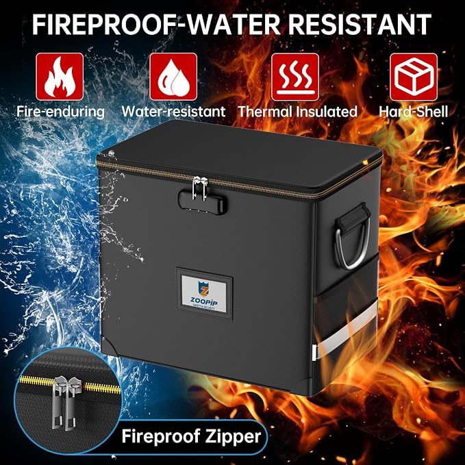 Fireproof File Organizer with Lock, Hard Safe Document Box, Black | Includes 10 Hanging File Folders for Letter Size, Filing Cabinet with Fireproof Zippers & Threads, 0.58 Cubic Feet