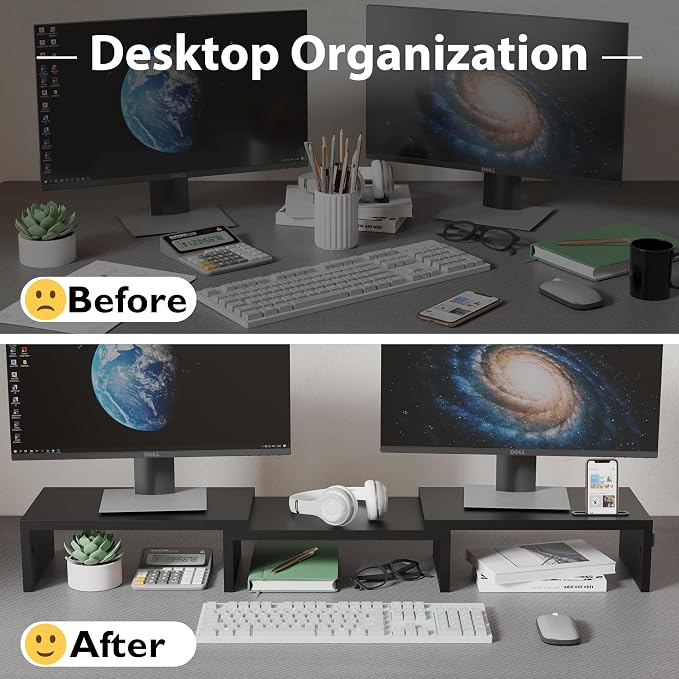 BONTEC Dual Monitor Stand Riser, Adjustable Length & Swivel Angle, Black | Ergonomic Wooden Desktop Organizer with Smartphone Holder, Computer Monitor Stand for PC, Laptop, Printer and Large Storage