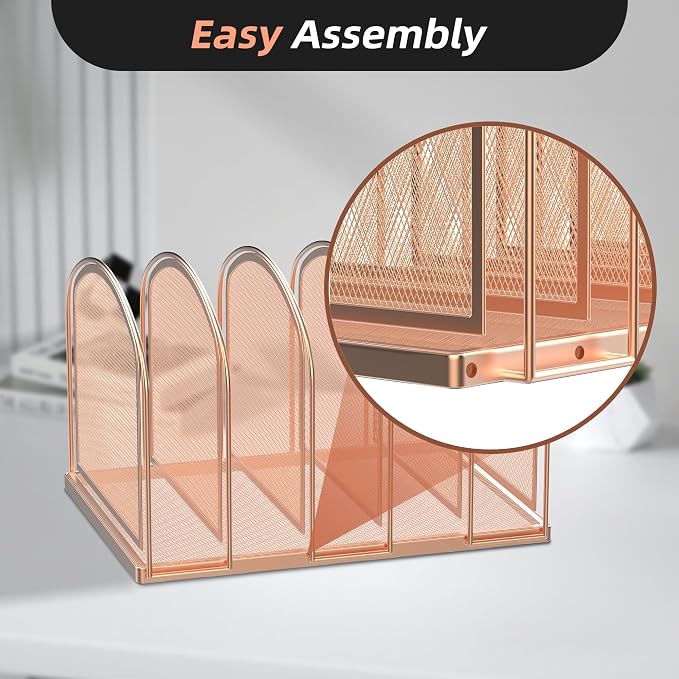 5-Section File Organizer for Desk, Metal File Folder Holder, Rose Gold | 5 Vertical Compartments with Sturdy Metal Base for Office Documents Books Magazines and Laptop