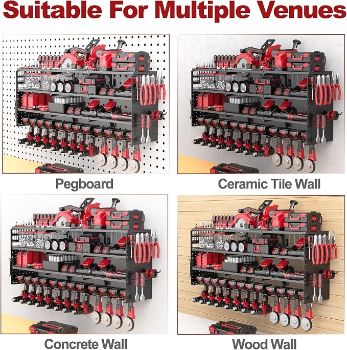 52" Metal Power Tool Organizer Wall Mount,4 Tier,Black | Heavy-Duty Metal,480 LBS Capacity,12 Cordless Drill Holders,Adjustable Hooks,Tool Shelf for Garage Workshop Shed,Pegboard