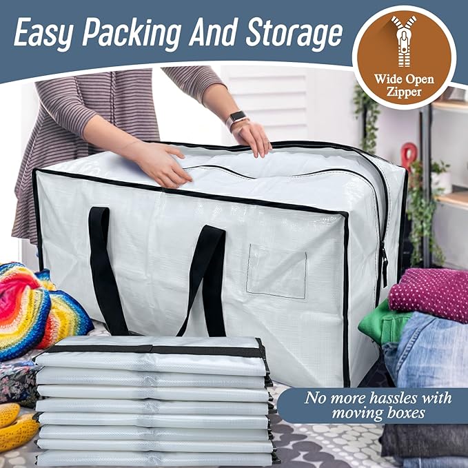 6 Pack Extra Heavy Duty Large Moving Bags with Strong Zipper & Comfortable Handles, Sturdy & Durable Clothes Storage Bags Totes Bins, Packing Moving Boxes for College Supplies, White