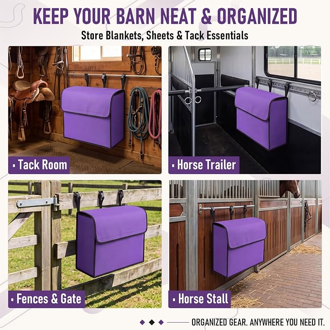 Horse Blanket Storage Bag for Fly Sheets,Purple,23 x 19 x 9 in | 600D Waterproof Oxford Tack Organizer, Heavy Duty Hanging Horse Blanket Holder, Stall Front Storage Bag for Horse Blankets