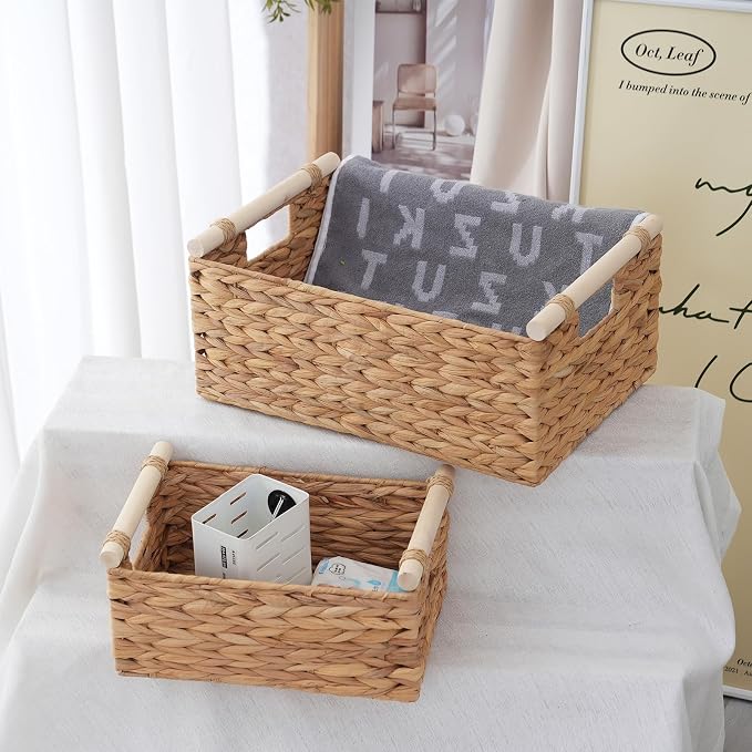 Woven Storage Baskets, Wicker Shelf Baskets, 3-Pack, 3 Sizes | 3-piece rectangular woven basket set in small, medium and large sizes; natural wicker organizers for shelves and cabinets.