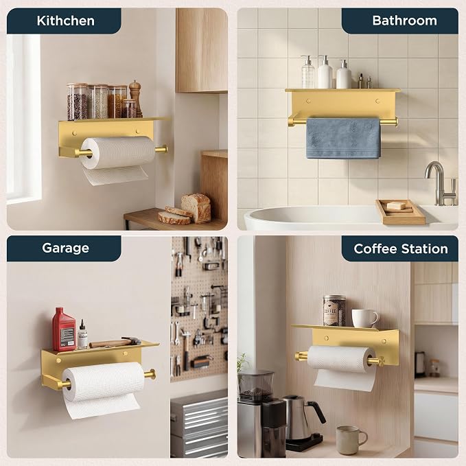 FORIOUS Wall Mount Paper Towel Holder with Shelf for Kitchen, Brushed Gold | Heavy Duty SUS304 Stainless Steel Paper Roll Organizer with Storage Spice Shelf, Screw-in for Bathroom, RV & Garage