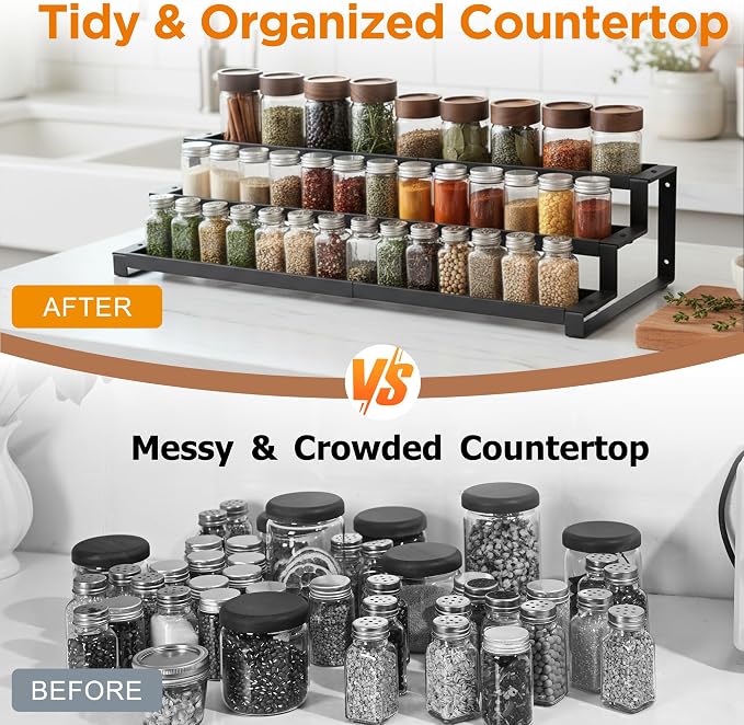 3-Tier Spice Rack Organizer for Kitchen Cabinet or Pantry, 16"-29" Expandable Spice Organization Shelf, Seasoning Organizer, Metal Display Shelf, Slip-Resistant Design for Jars and Bottles, Black