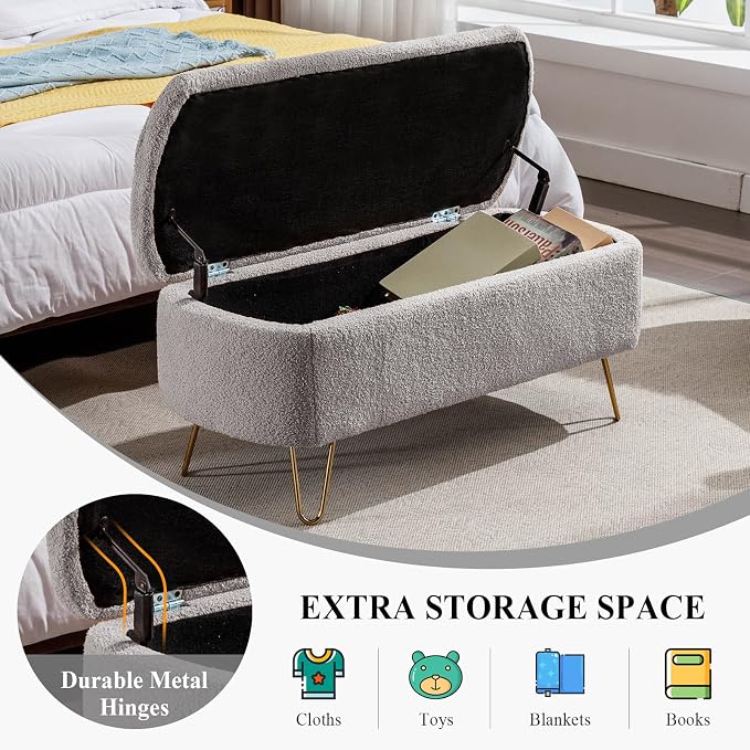 Modern Storage Ottoman Bench, Teddy Upholstered Entryway Bench with Gold Legs, Vintage End of Bed Bench with Safety Hinge, Padded Bench with Storage for Living Room, Bedroom, Entryway(Grey)