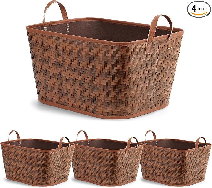 BROWNLILY Oversized Storage Baskets Laundry Hampers with Structured Frame & Supported Bottom, Extra Large Closet Bins for Shelves Blankets Car Bedroom Bathroom Organizers (Pack of 4, Brown)