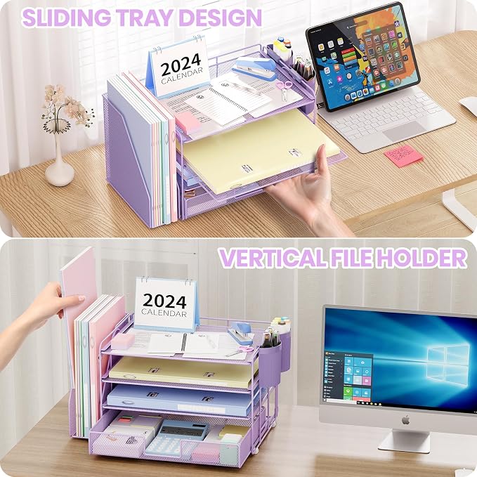 OPNICE Desk Organizer, 4-Tier Desktop File Organizer with Drawer and Pen Holders, Office Desk Accessories, File Sorters, Workspace Organizers for Office Supplies(Purple)