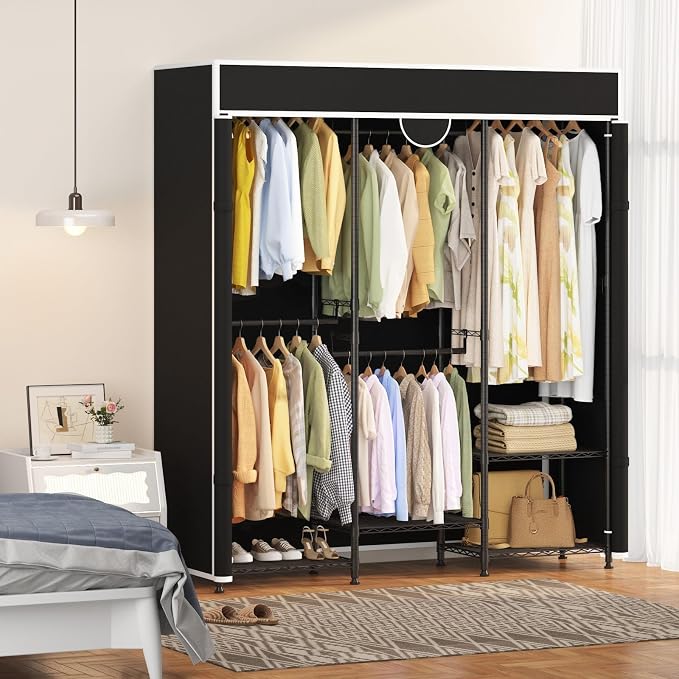 Heavy Duty Garment Rack 1100lb Load Closet Wardrobe with Cover Clothes Rack for Hanging Clothes with Adjustable 7 Shelves & 5 Hanging Rods 76" H X 73" L X 17" W Black