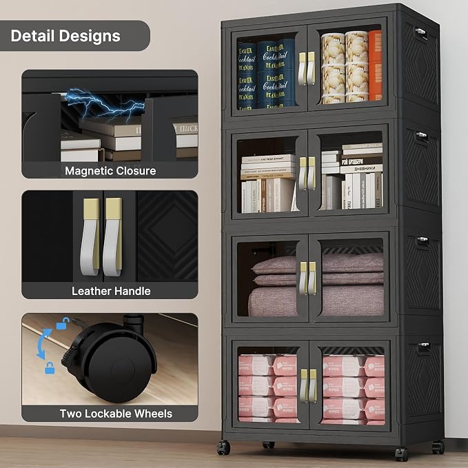 Stackable Storage Bins with Lids, 480QT Extra Large Storage Cabinet | Clear Doors, Foldable Storage Drawers, Heavy Duty, Collapsible Closet Organizers for Bedroom Office (4, Black, 120, Quarts)