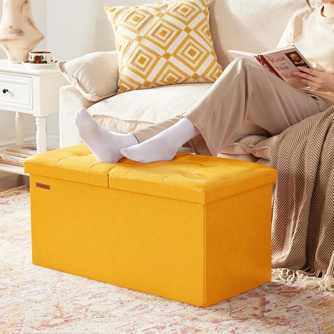 HAUSFRAU Ottoman with Storage Bench Folding Foot Rest Stool Yellow | 30", Flip Lid, Faux Leather, Upholstered Foldable Footrest Footstool, Bedroom Bench, Living Room Dorm Ottoman, Rectangle
