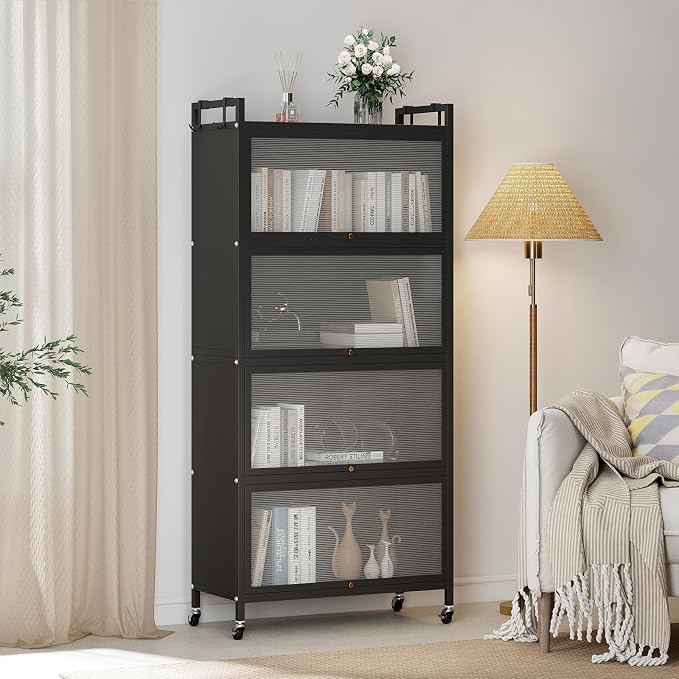Giantex 5-Tier Kitchen Storage Cabinet, Freestanding Metal Baker's Rack w/4 Flip-up PC Doors, 4 Hooks, Adjustable Feet & Rolling Wheels, Mobile Microwave Stand for Dining Room, Living Room (Black)