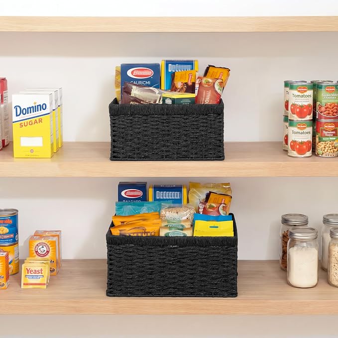 StorageWorks Wicker Storage Baskets for Organizing, Wicker Basket with Handles, Decorative Storage Baskets for Shelves, Black Paper Rope, 2 Pack
