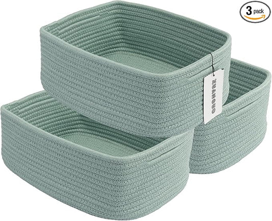 XUANGUO Small Woven Storage Baskets for Shelves, 12" x 8" x 5", Green | Decorative rope storage bins for closets and toy storage; cute organizer baskets, empty gift baskets and nursery storage.