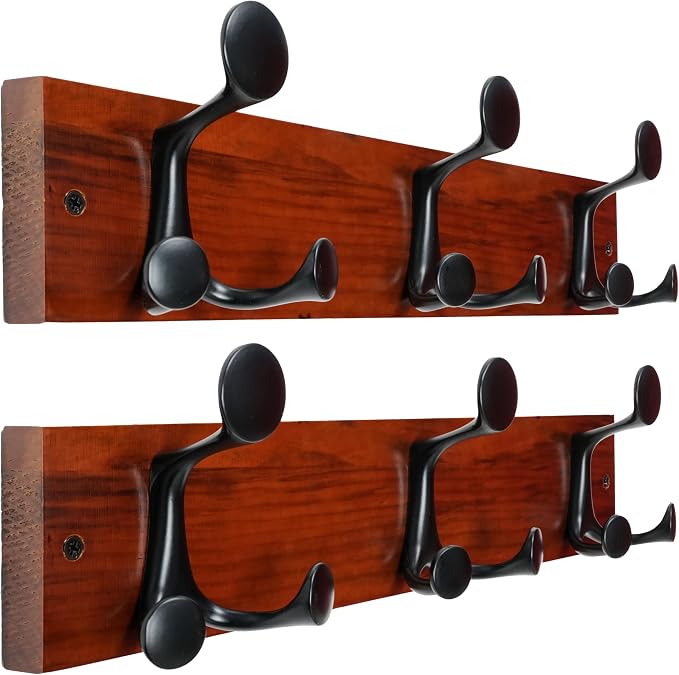WEBI Coat Rack Wall Mount,17" Solid Wood Coat Hooks Wall Mounted Coat Hanger,16" Hole to Hole,Heavy Duty Hook Rack Rail,3 Triple Hooks for Hanging Coats,Jacket,Clothes,Hat,Backpack,Cherry,2 Packs