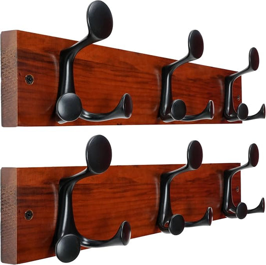 WEBI Coat Rack Wall Mount,17" Solid Wood Coat Hooks Wall Mounted Coat Hanger,16" Hole to Hole,Heavy Duty Hook Rack Rail,3 Triple Hooks for Hanging Coats,Jacket,Clothes,Hat,Backpack,Cherry,2 Packs