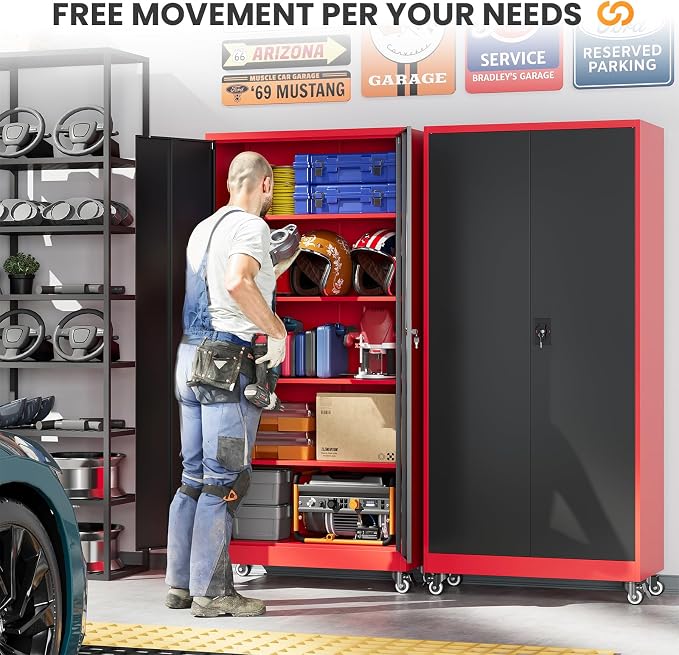 Garage Cabinet with Wheels and Adjustable Shelves, Metal Garage Storage Cabinets with 2 Doors, Storage Caninet with Lock, Heavy Duty Tool Cabnet for Workshop/Home/Office-(Black Red 75”H)
