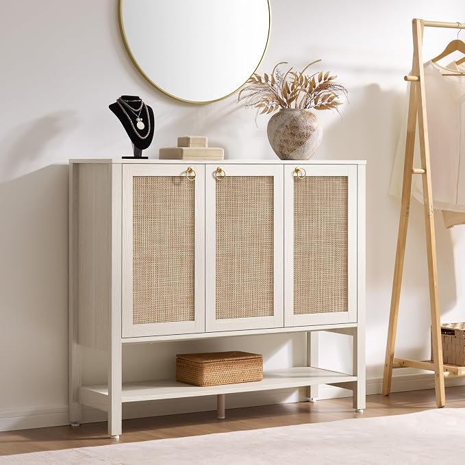 SICOTAS Rattan Shoe Cabinet with Storage, White Large Shoe Organizer | 30 Pairs Boho Shoe Rack Cabinet with 3 Doors & Adjustable Shelves for Entryway, Hallway, Living Room, Closet