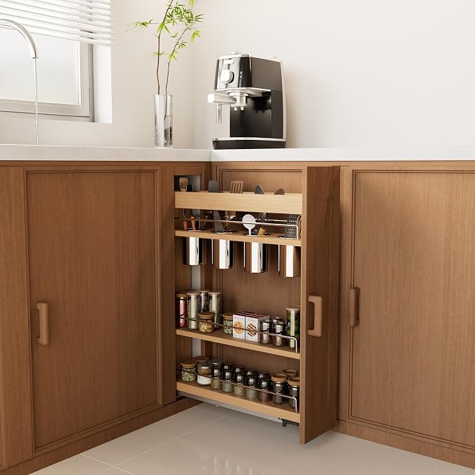 DINDON Pull Out Spice Rack Cabinet Organizer, (5" W x 21.9" D x 25.2" H) Multi-Use Soild Wood Pull Out Cabinet Organizer With 4 Movable Stainless Steel Cutlery Storage Buckets for Kitchen Organization
