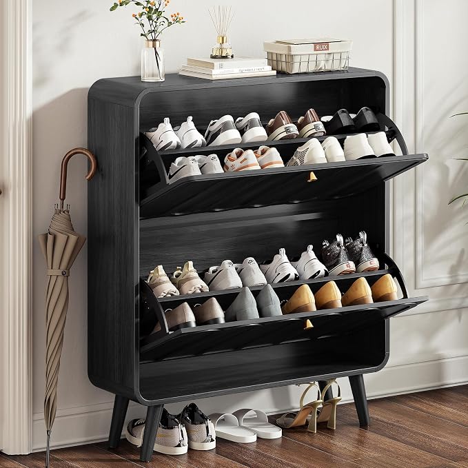Decofy Shoe Cabinet with 2 Flip Drawers, Expanded Panel for Long Footwear, Freestanding Shoe Storage Cabinet with 3-Gear Adjustable Shelves, Narrow Shoe Cabinets for Entryway, Solid Wood Legs, Balck | 31.5''W; Wider Panel; 2 Flip-Down Drawers; Adjustab...