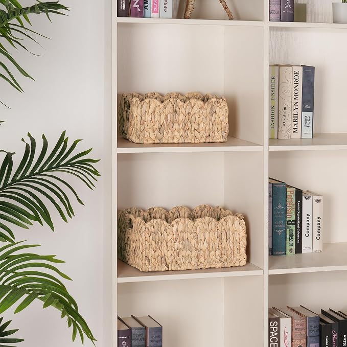 iEGrow Scalloped Wicker Basket, Set of 2 Woven Rattan Natural Water Hyacinth Baskets with Built-in Handles, Rectangle Storage Baskets for Organizing, Decor, Shelf and Nursery Room