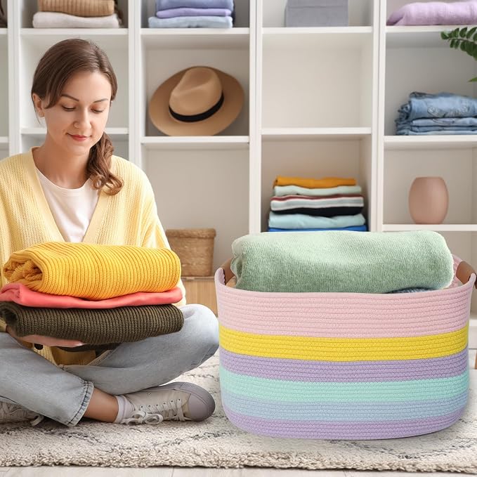 danpinera Large Laundry Basket, 108L Rectangle Woven Baskets for Storage for Living Room, Laundry, Nursery, Pillows, Baby Toy chest, Blanket Storage with Leather Handle, 25’’*16’’*16’’ Rainbow