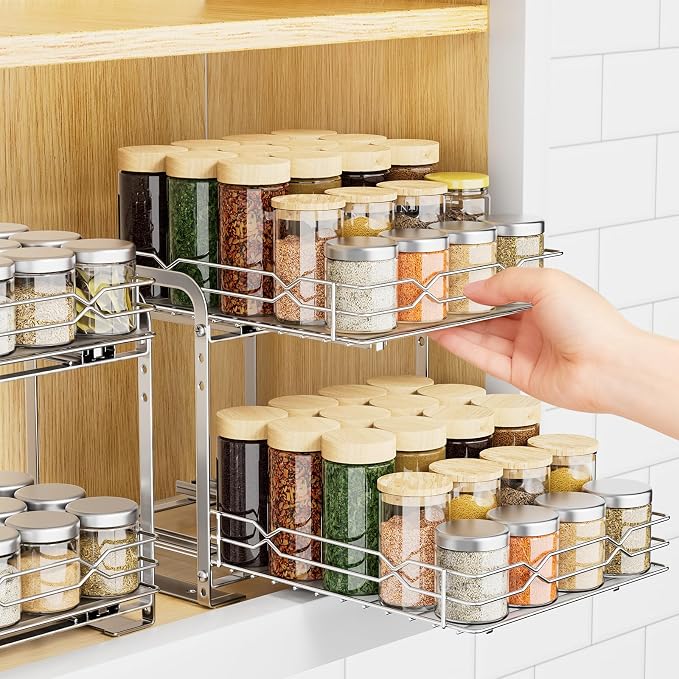 RCHYFEED Pull Out Spice Rack, 2 Tier Height Adjustable Vertical Spice Rack | Chrome,Tape or Screw Mount Available, Heavy Duty Sliding Spice Rack 9.2W x 10.4D x 9.8H, Fits Cabinets with or without Lip