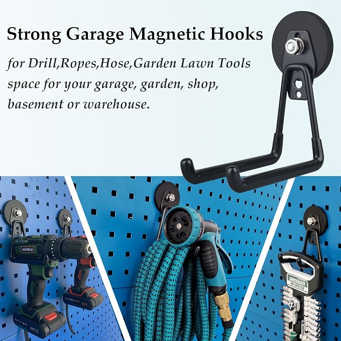 ULIBERMAGNET Magnetic Hooks,Heavy Duty Extra Large Hooks,Power Tool Organizer for Workshop Organization, 2 Pack Tool Hooks for Cordless Drill,Garden Tool,Metal Cabinet,Steel Pegboard(Black)