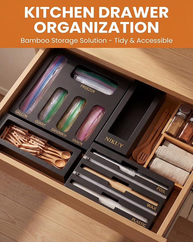 9 IN 1 Bamboo Foil and Plastic Wrap Organizer for Kitchen Drawer, Plastic Bag Organizer Organization and Storage, Food Storage Bag Organizer (BLACK)