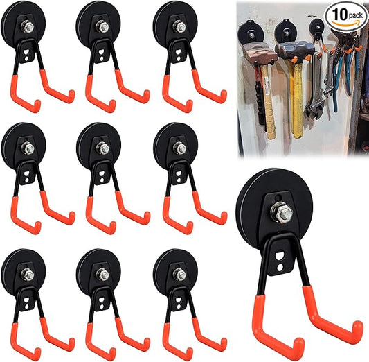 ULIBERMAGNET Heavy Duty Magnetic Garage Hook,10 Pack Strong Large Magnet Hooks for Power Drill,Garden Tools,Hose,Pegboard,Garage, Workshop,Magnetic Storage Hooks for Indoor Outdoor Hanging(Orange)