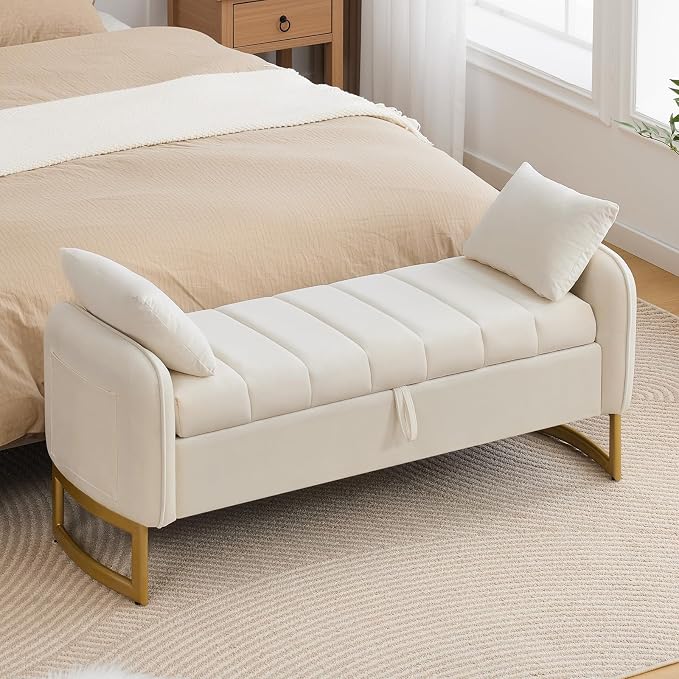 End of Bed Storage Bench, 51'' Velvet Storage Benches for Queen Size Bedroom Foot of Bed, Storage Ottoman Bench with Golden Legs and Pillow for Living Room Window Entryway, Cream