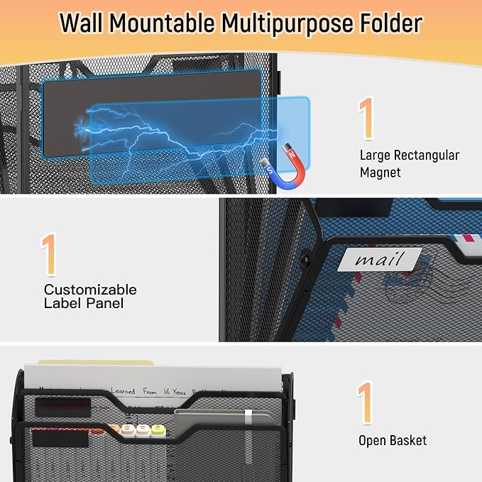 Docnest 3 Pack 3 Tier Dual-Mount Magnetic Mesh File Holders, Wall Organizer | Mount magnets or screws. 2-in-1 hanging mesh mail letter organizer with hooks for office and home clutter