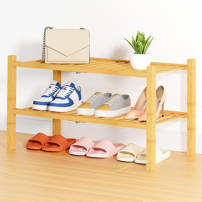 Smiry Bamboo Shoe Rack, 14 Vertical Slats, 2 Tier - 26.8" Wide, Natural | Stackable Free Standing Wooden Shoe Organizer, Wood Shoe Storage Shelf for Closet, Entryway, Thicher Leg